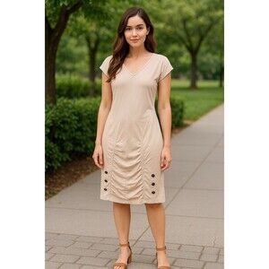 XCVI Womens Medium Beige Lightweight Woven Ruched Boho Travel Minimalist Dress